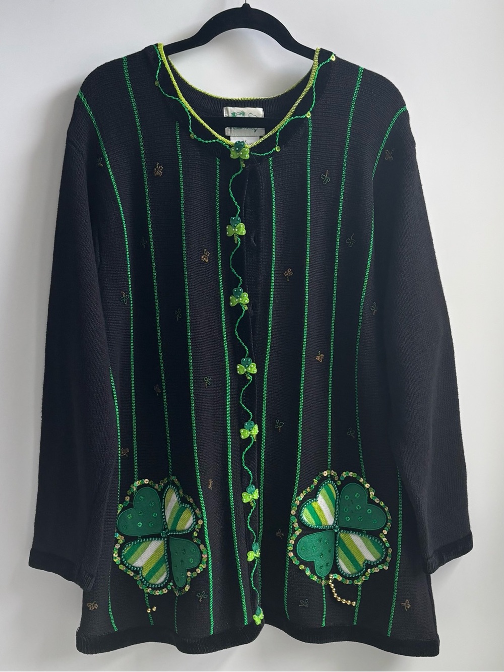 The Quacker Factory Cardigan Sweater Black Shamrock Sequin Beaded Black Green 1X